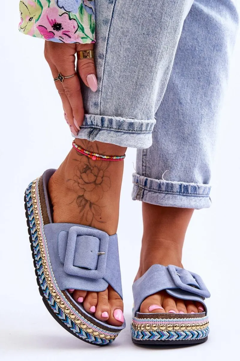 Boto Damskie Klapki Na Zdobionej Platformie Niebieskie Joyce