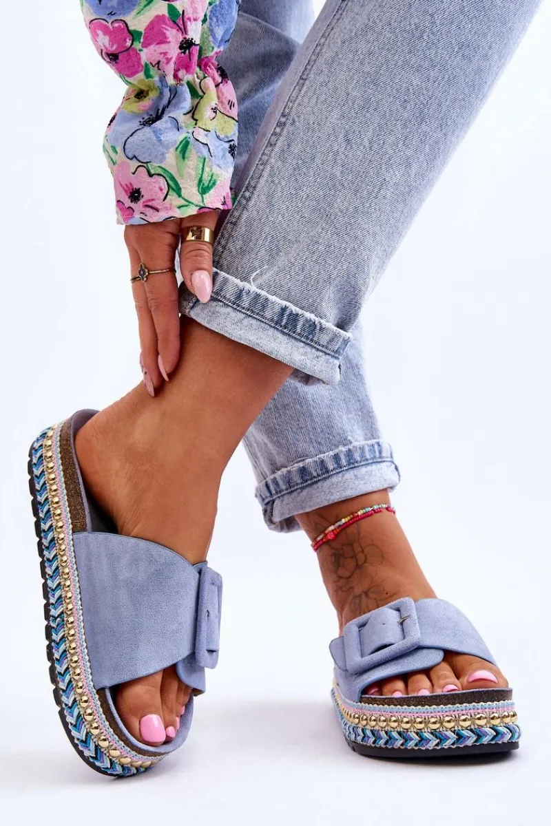 Boto Damskie Klapki Na Zdobionej Platformie Niebieskie Joyce