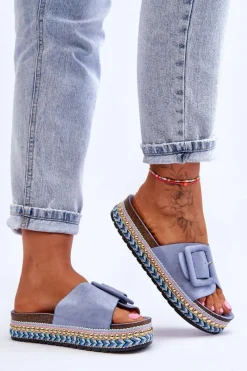 Boto Damskie Klapki Na Zdobionej Platformie Niebieskie Joyce