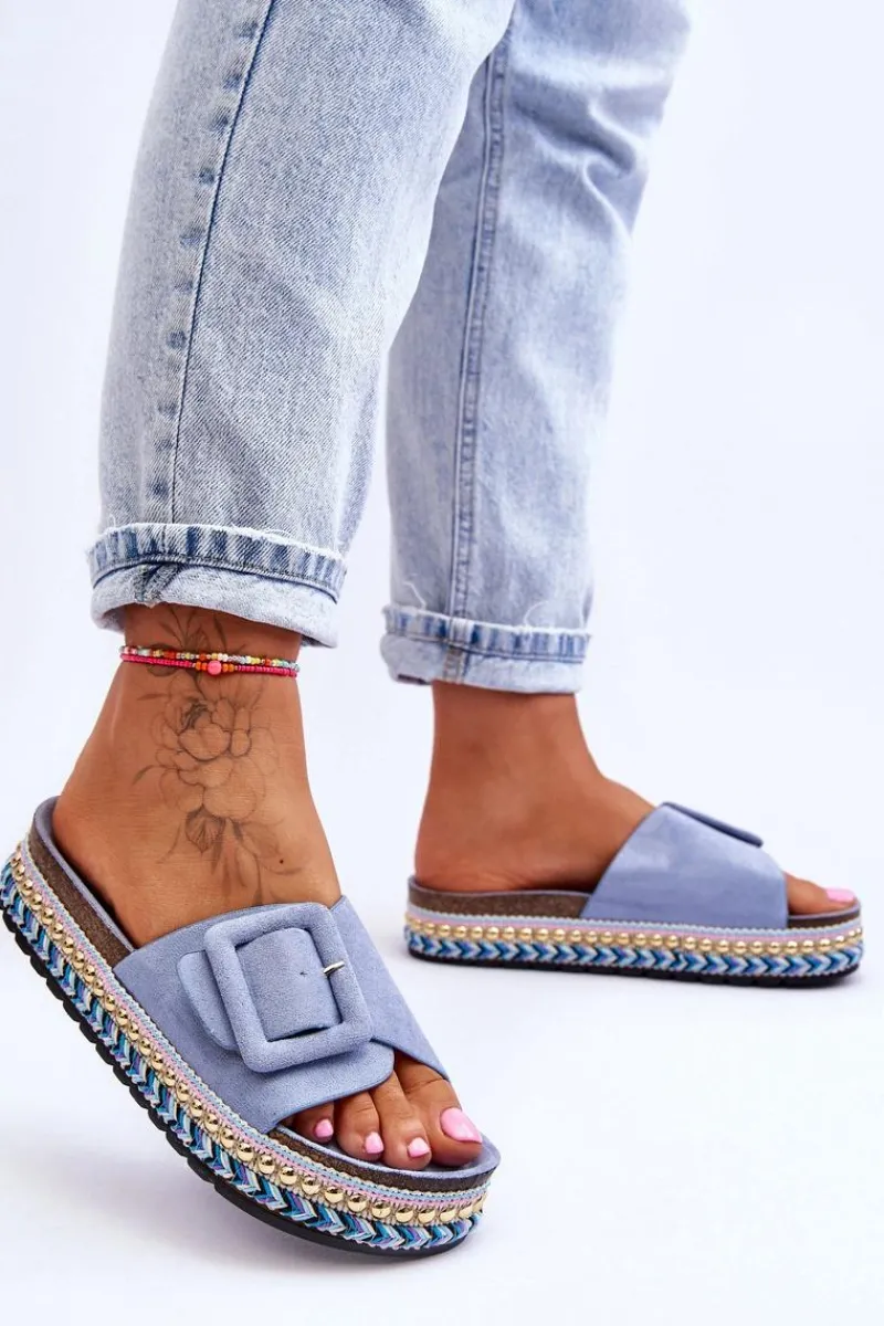 Boto Damskie Klapki Na Zdobionej Platformie Niebieskie Joyce