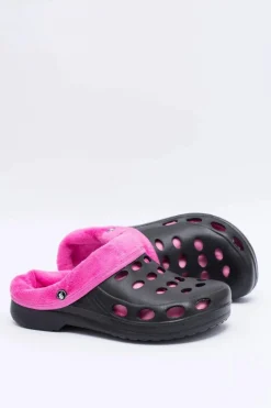 Online Boto Damskie Klapki Ocieplane Czarno Różowe Kroksy EVA