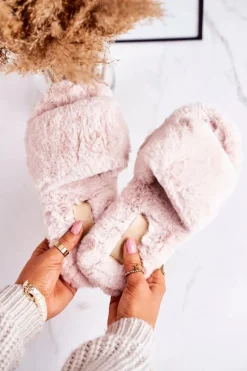 Kapcie Klasyczne>Boto Damskie Klapki Papcie Futrzane Beżowe Cold Days