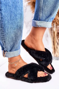 Kapcie Klasyczne>Boto Damskie Klapki Papcie Futrzane Czarne Cozy Time