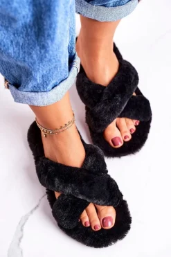 Kapcie Klasyczne>Boto Damskie Klapki Papcie Futrzane Czarne Cozy Time