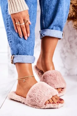 Hot Damskie Klapki Papcie Futrzane Różowe Cold Days Damskie Kapcie Klasyczne