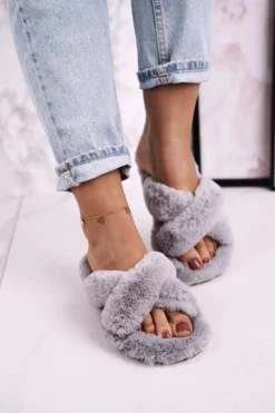 Hot Boto Damskie Klapki Papcie Futrzane Szare Cozy Time