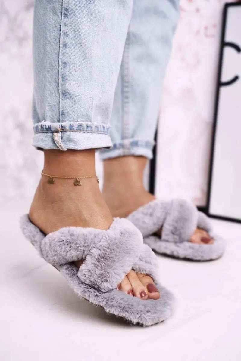 Hot Boto Damskie Klapki Papcie Futrzane Szare Cozy Time