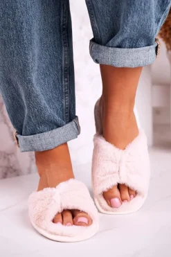 Sale Damskie Klapki Papcie Futrzane Beżowe Bow Damskie Kapcie Klasyczne