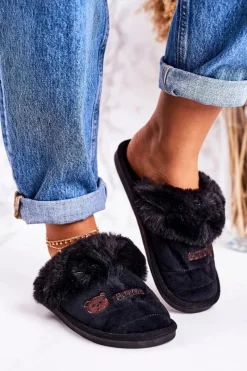 Online Boto Damskie Klapki Papcie Z Futerkiem Czarne Teddy
