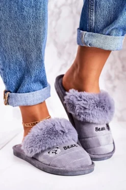 Kapcie Klasyczne|Klapki Z Futerkiem>Boto Damskie Klapki Papcie Z Futerkiem Szare Teddy