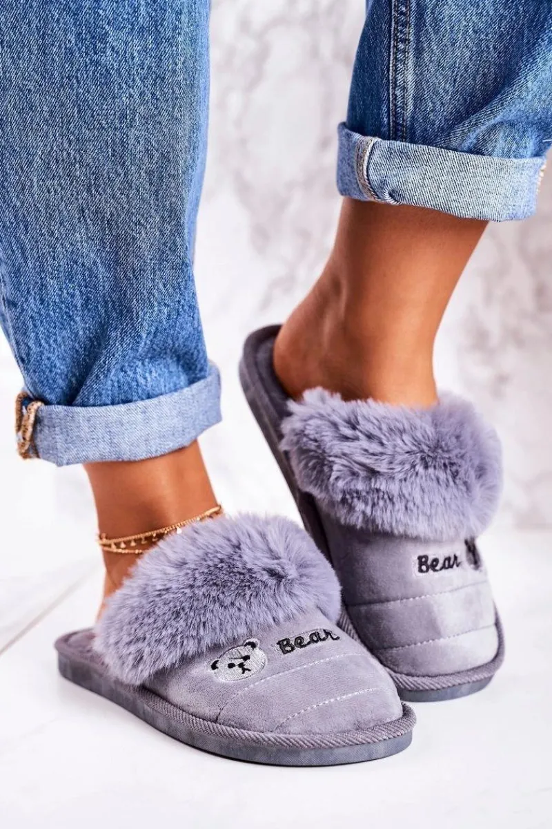Kapcie Klasyczne|Klapki Z Futerkiem>Boto Damskie Klapki Papcie Z Futerkiem Szare Teddy