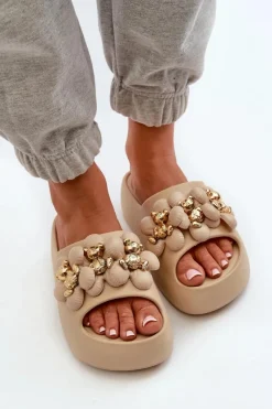 Hot Boto Damskie Klapki Piankowe Z Ozdobami Na Grubej Podeszwie Ciemnobeżowe Bremavia