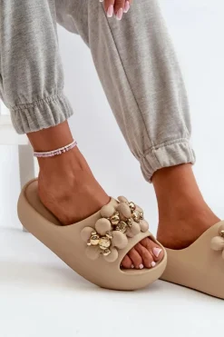 Hot Boto Damskie Klapki Piankowe Z Ozdobami Na Grubej Podeszwie Ciemnobeżowe Bremavia