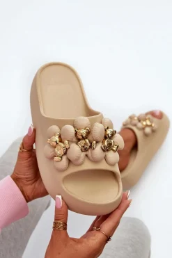 Hot Boto Damskie Klapki Piankowe Z Ozdobami Na Grubej Podeszwie Ciemnobeżowe Bremavia