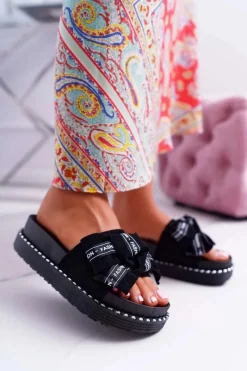 Klapki Damskie Klasyczne>Boto Damskie Klapki Profilowana Wkładka Z Kokardką Czarne Vrenya