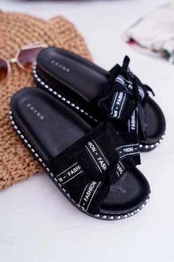 Klapki Damskie Klasyczne>Boto Damskie Klapki Profilowana Wkładka Z Kokardką Czarne Vrenya