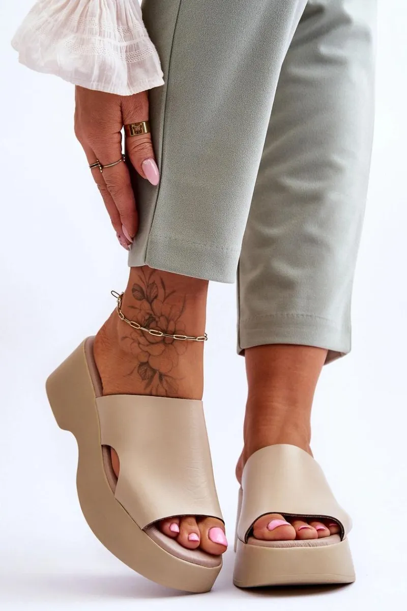 Klapki Na Platformie>Boto Damskie Klapki Skórzane Na Platformie Beżowe Lemar Lucami