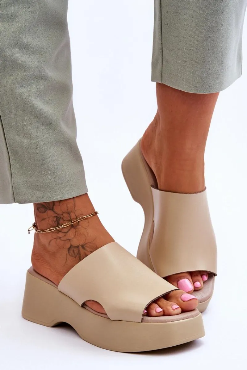Klapki Na Platformie>Boto Damskie Klapki Skórzane Na Platformie Beżowe Lemar Lucami