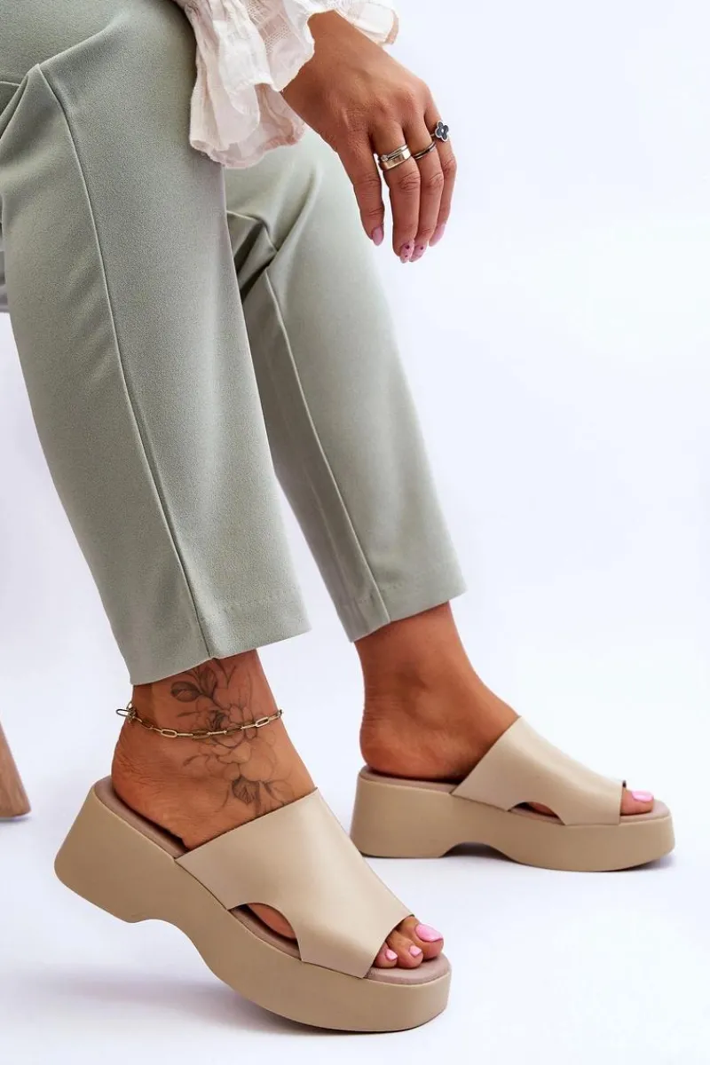 Klapki Na Platformie>Boto Damskie Klapki Skórzane Na Platformie Beżowe Lemar Lucami