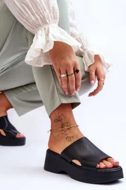 Discount Boto Damskie Klapki Skórzane Na Platformie Czarne Lemar Lucami