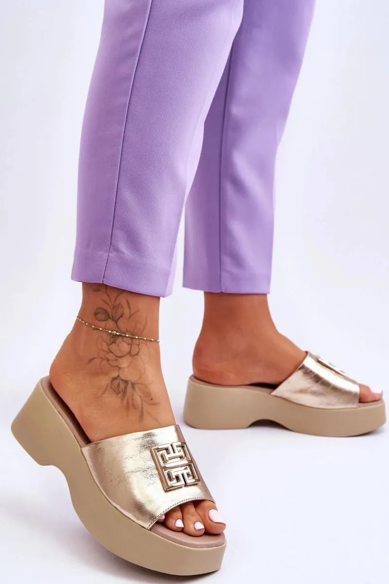 Damskie Klapki Skórzane Na Platformie Z Ozdobą Złote Lemar Renna Damskie Klapki Na Platformie|Klapki Damskie Klasyczne