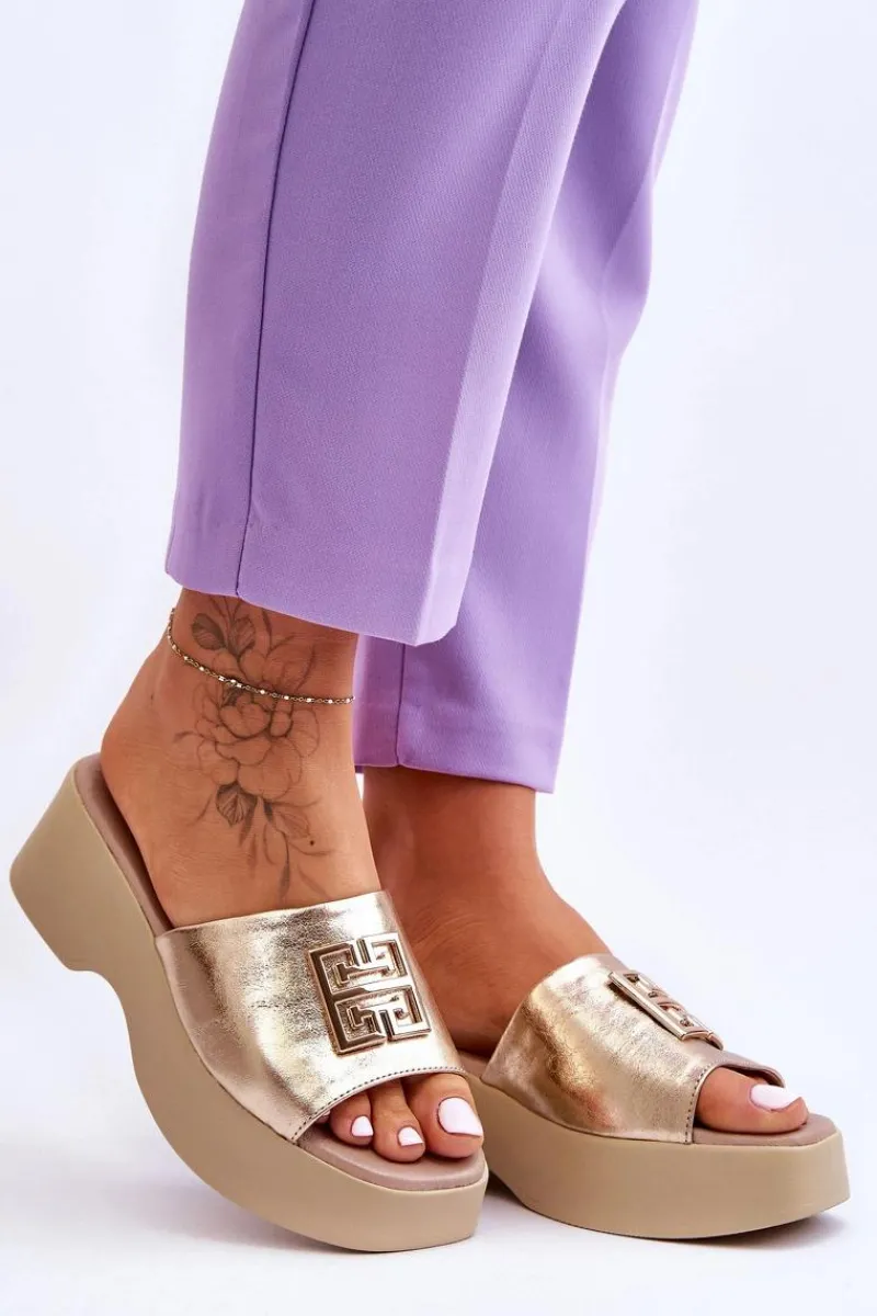 Damskie Klapki Skórzane Na Platformie Z Ozdobą Złote Lemar Renna Damskie Klapki Na Platformie|Klapki Damskie Klasyczne