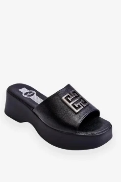 New Damskie Klapki Skórzane Na Platformie Z Ozdobą Czarne Renna Damskie Klapki Na Platformie