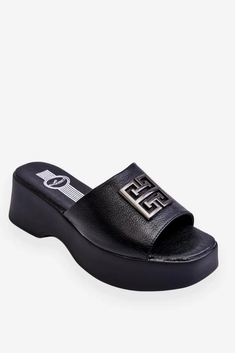 New Damskie Klapki Skórzane Na Platformie Z Ozdobą Czarne Renna Damskie Klapki Na Platformie