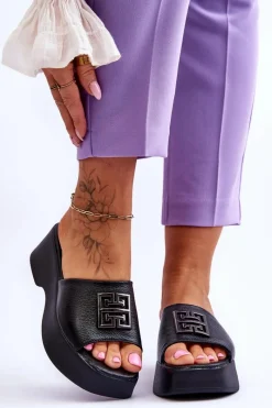 New Damskie Klapki Skórzane Na Platformie Z Ozdobą Czarne Renna Damskie Klapki Na Platformie