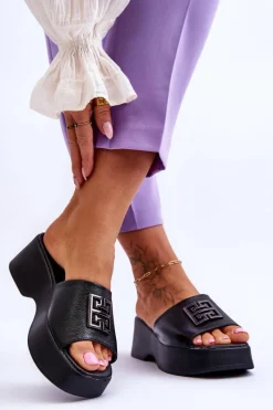 New Damskie Klapki Skórzane Na Platformie Z Ozdobą Czarne Renna Damskie Klapki Na Platformie