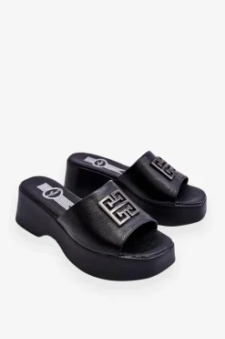 New Damskie Klapki Skórzane Na Platformie Z Ozdobą Czarne Renna Damskie Klapki Na Platformie