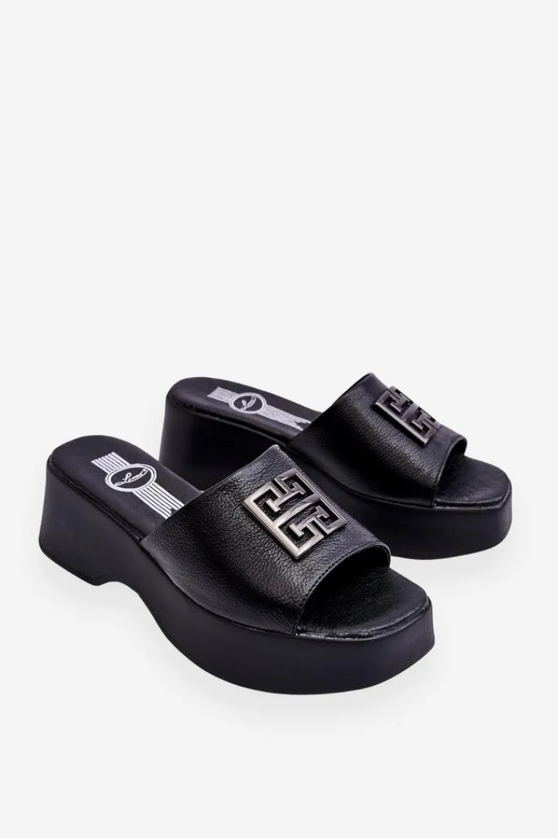 New Damskie Klapki Skórzane Na Platformie Z Ozdobą Czarne Renna Damskie Klapki Na Platformie