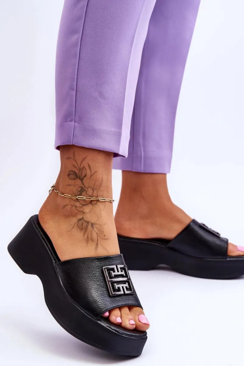 New Damskie Klapki Skórzane Na Platformie Z Ozdobą Czarne Renna Damskie Klapki Na Platformie