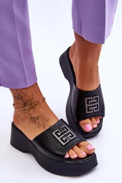 New Damskie Klapki Skórzane Na Platformie Z Ozdobą Czarne Renna Damskie Klapki Na Platformie