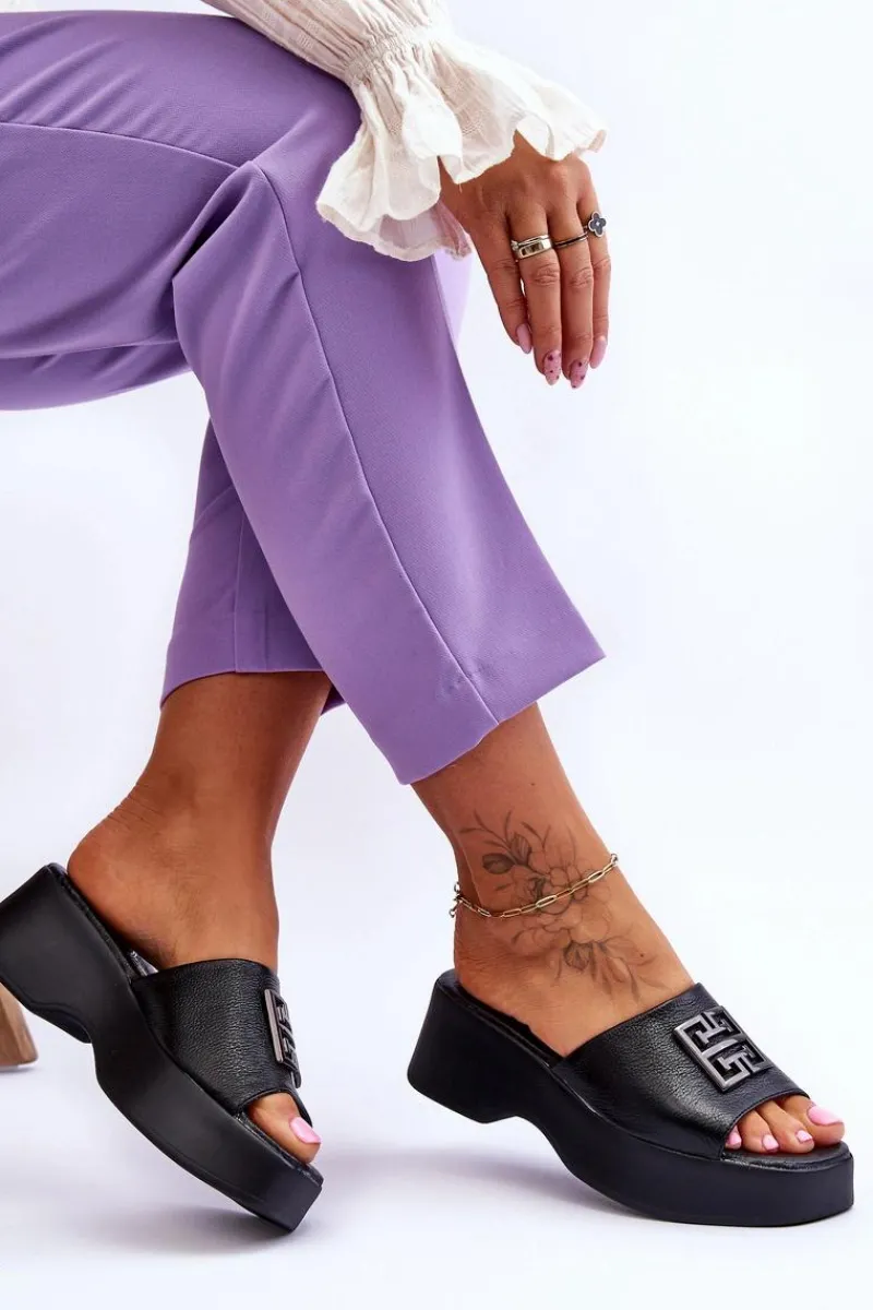 New Damskie Klapki Skórzane Na Platformie Z Ozdobą Czarne Renna Damskie Klapki Na Platformie