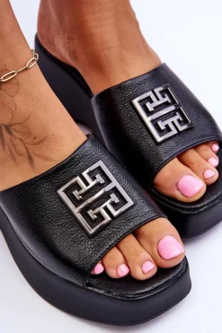 New Damskie Klapki Skórzane Na Platformie Z Ozdobą Czarne Renna Damskie Klapki Na Platformie