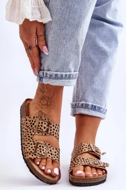 Discount Boto Damskie Klapki Wsuwane Leopard Beżowo-Czarne Destino