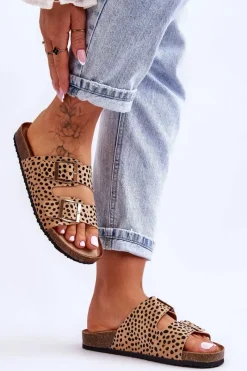 Discount Boto Damskie Klapki Wsuwane Leopard Beżowo-Czarne Destino