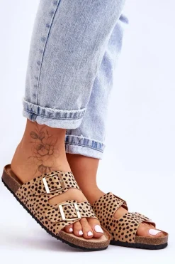 Discount Boto Damskie Klapki Wsuwane Leopard Beżowo-Czarne Destino