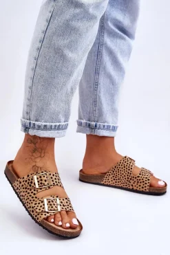 Discount Boto Damskie Klapki Wsuwane Leopard Beżowo-Czarne Destino