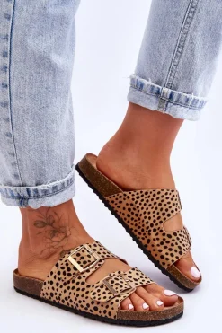 Discount Boto Damskie Klapki Wsuwane Leopard Beżowo-Czarne Destino