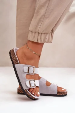 Best Boto Damskie Klapki Wsuwane Na Korkowej Podeszwie Szare Cortina