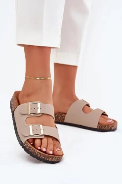 Boto Damskie Klapki Wsuwane Na Korkowej Podeszwie Beżowe Cortina