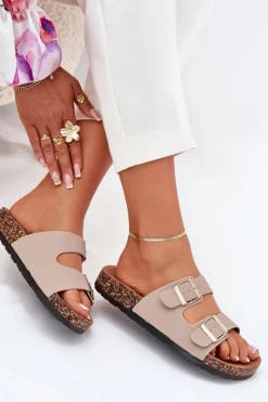 Boto Damskie Klapki Wsuwane Na Korkowej Podeszwie Beżowe Cortina