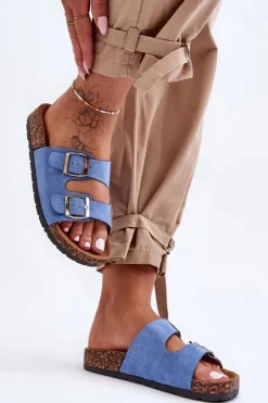 Outlet Boto Damskie Klapki Wsuwane Na Korkowej Podeszwie Niebieskie Cortina