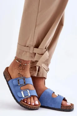 Outlet Boto Damskie Klapki Wsuwane Na Korkowej Podeszwie Niebieskie Cortina