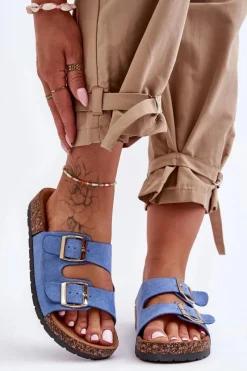 Outlet Boto Damskie Klapki Wsuwane Na Korkowej Podeszwie Niebieskie Cortina