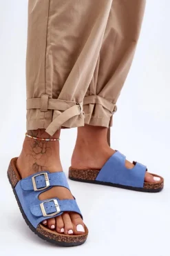 Outlet Boto Damskie Klapki Wsuwane Na Korkowej Podeszwie Niebieskie Cortina