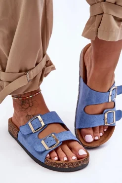 Outlet Boto Damskie Klapki Wsuwane Na Korkowej Podeszwie Niebieskie Cortina