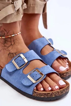 Outlet Boto Damskie Klapki Wsuwane Na Korkowej Podeszwie Niebieskie Cortina